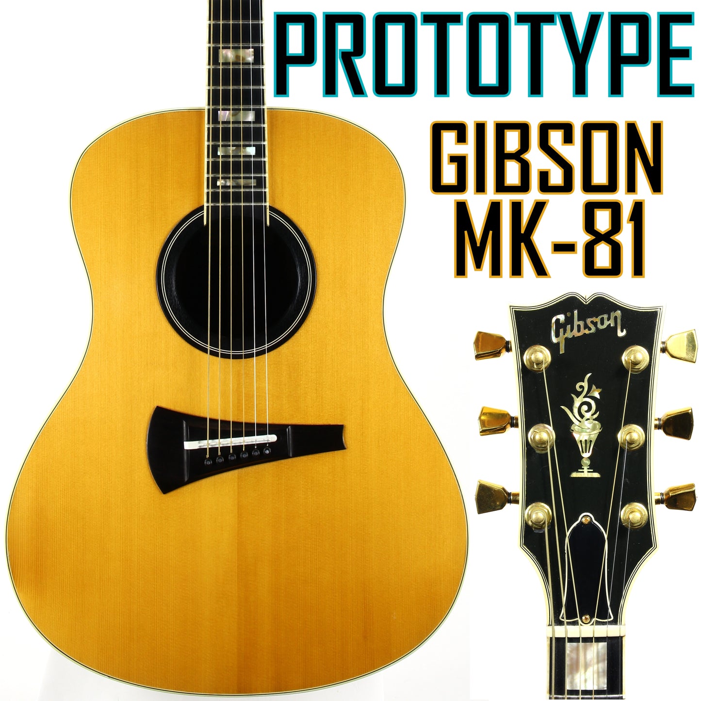 Prototype Gibson MK-81 acoustic guitar with headstock on a white background