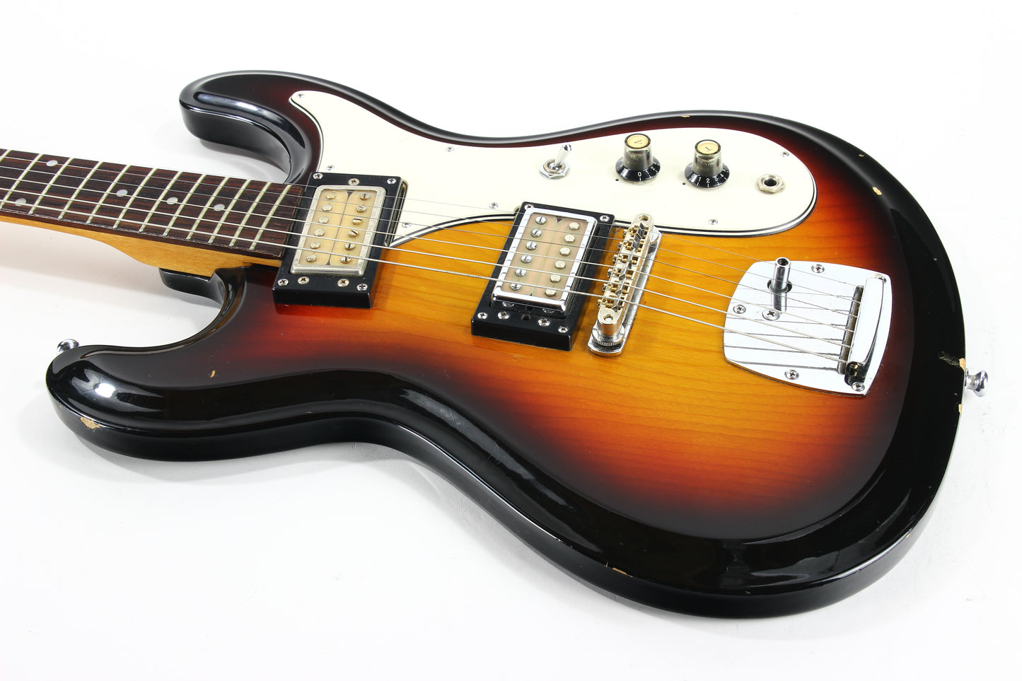 c. 1974 Univox Hi-Flier Phase III -- Kurt Cobain Nirvana, Sunburst, Humbuckers, w/ Hard Case! 1970's High Flyer Mosrite Copy