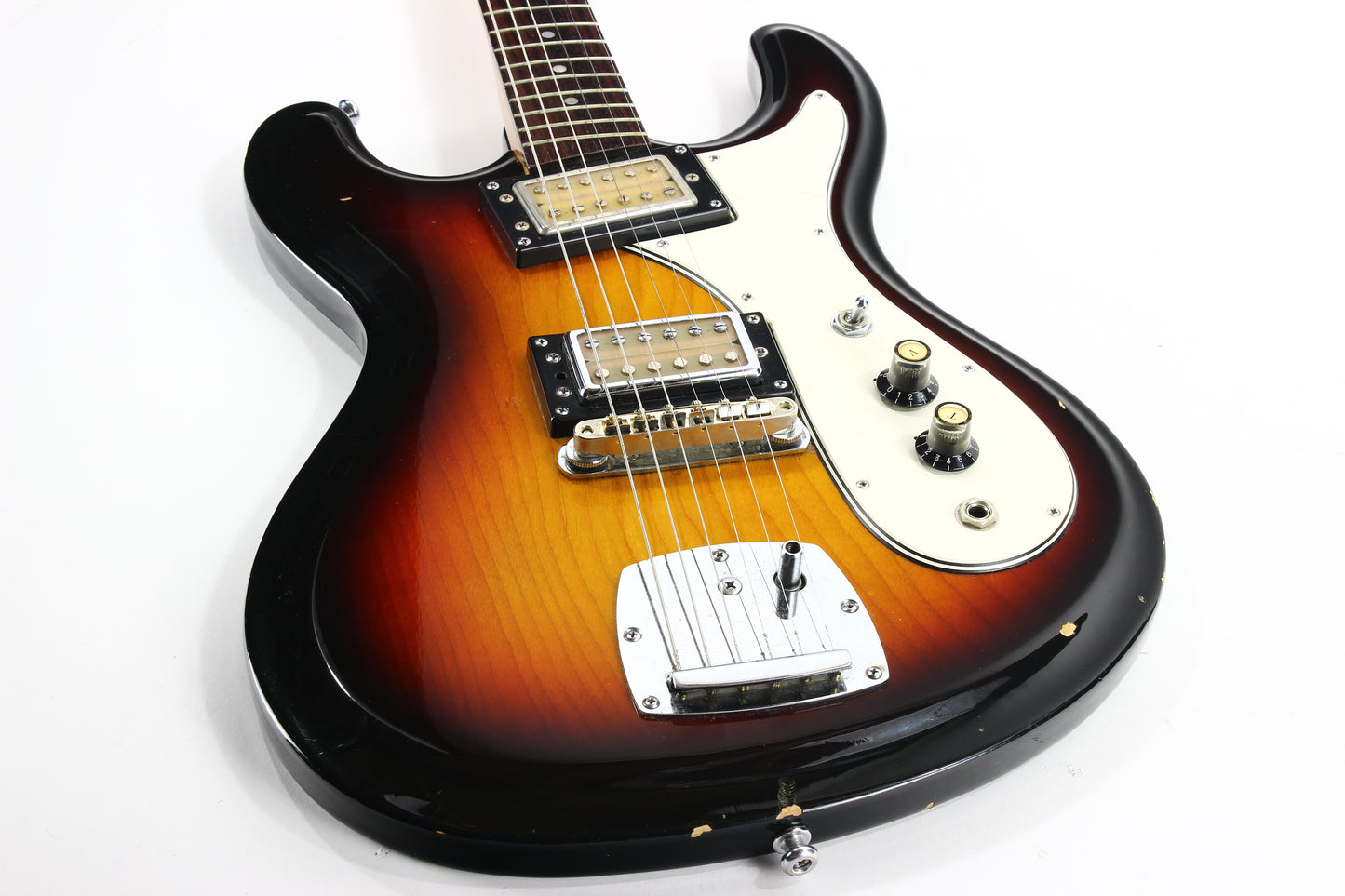 c. 1974 Univox Hi-Flier Phase III -- Kurt Cobain Nirvana, Sunburst, Humbuckers, w/ Hard Case! 1970's High Flyer Mosrite Copy