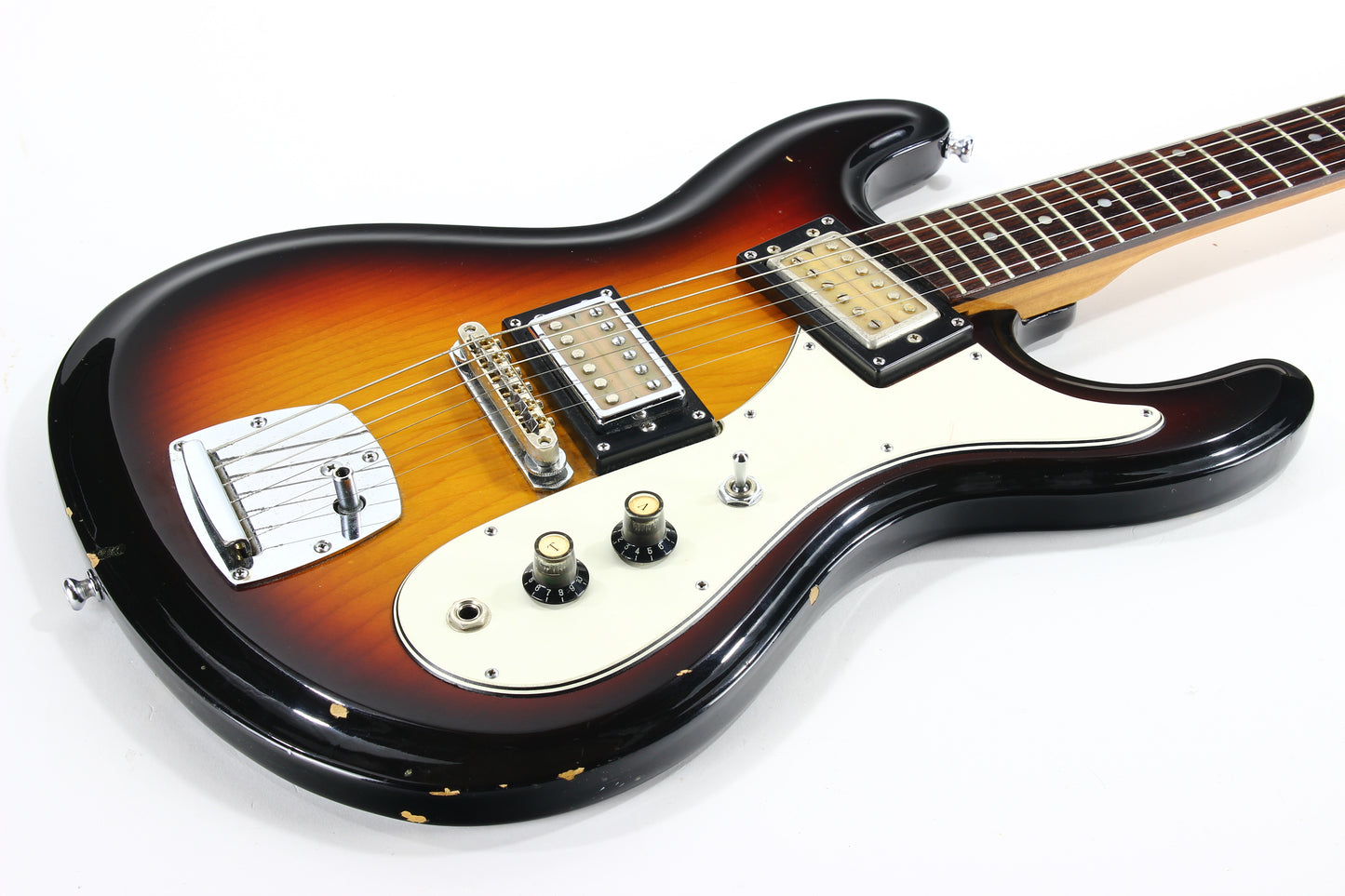 c. 1974 Univox Hi-Flier Phase III -- Kurt Cobain Nirvana, Sunburst, Humbuckers, w/ Hard Case! 1970's High Flyer Mosrite Copy