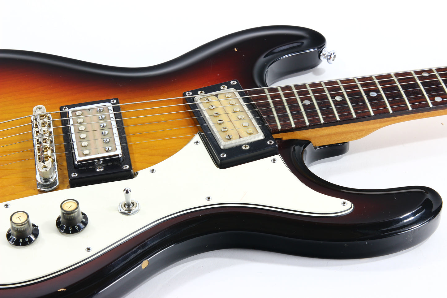 c. 1974 Univox Hi-Flier Phase III -- Kurt Cobain Nirvana, Sunburst, Humbuckers, w/ Hard Case! 1970's High Flyer Mosrite Copy