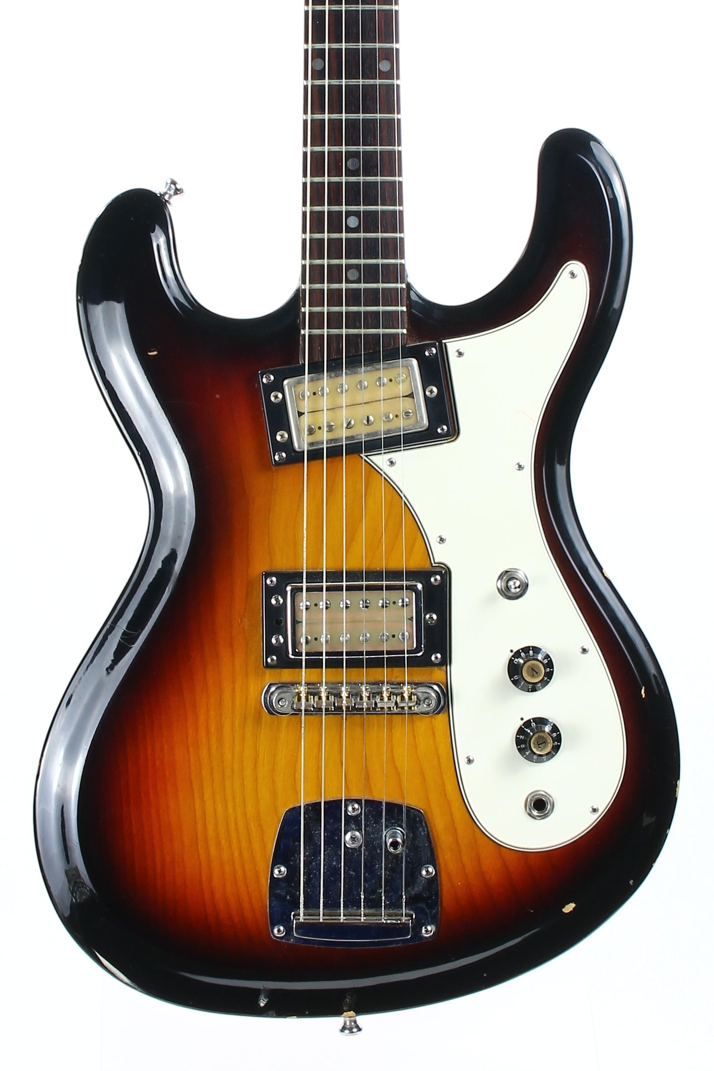 c. 1974 Univox Hi-Flier Phase III -- Kurt Cobain Nirvana, Sunburst, Humbuckers, w/ Hard Case! 1970's High Flyer Mosrite Copy