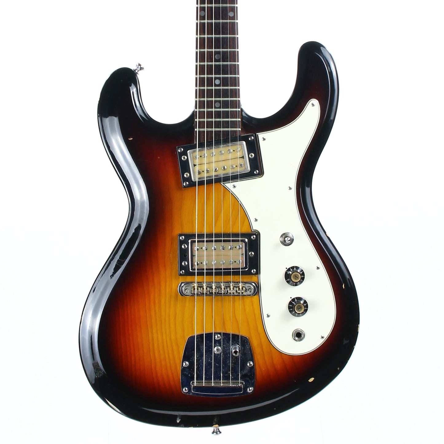 c. 1974 Univox Hi-Flier Phase III -- Kurt Cobain Nirvana, Sunburst, Humbuckers, w/ Hard Case! 1970's High Flyer Mosrite Copy