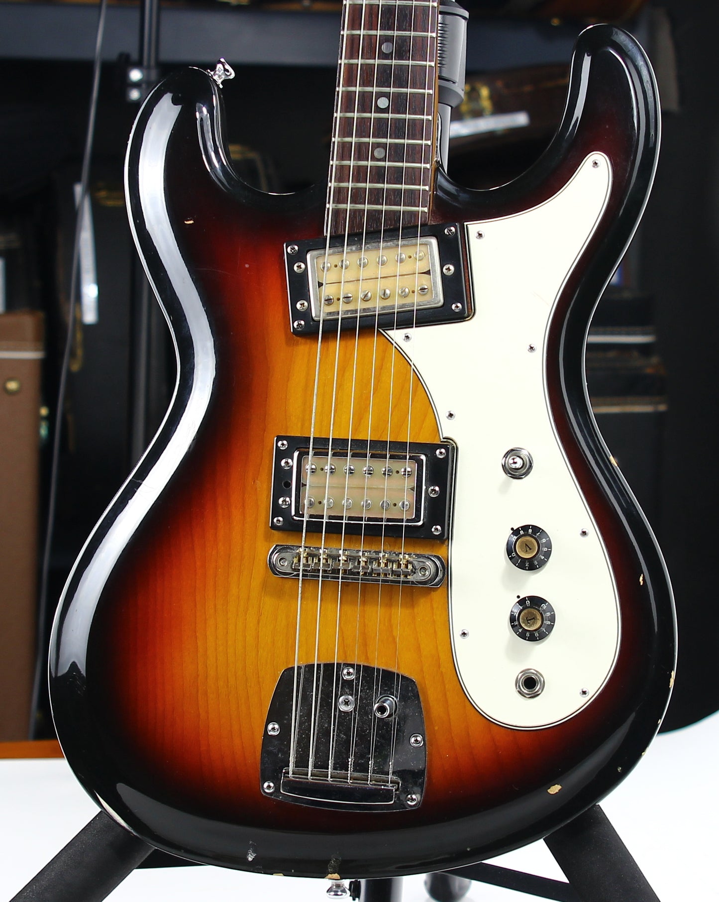 c. 1974 Univox Hi-Flier Phase III -- Kurt Cobain Nirvana, Sunburst, Humbuckers, w/ Hard Case! 1970's High Flyer Mosrite Copy