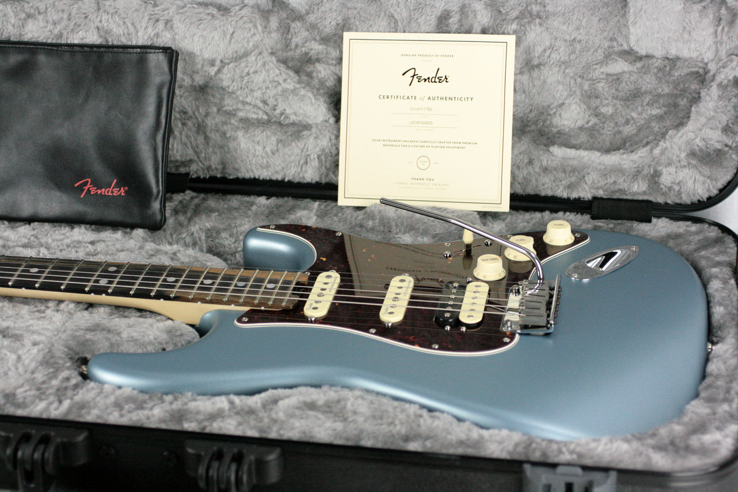 2018 Fender American Elite Stratocaster HSS EBONY Shawbucker Satin Ice Blue Metallic USA Strat