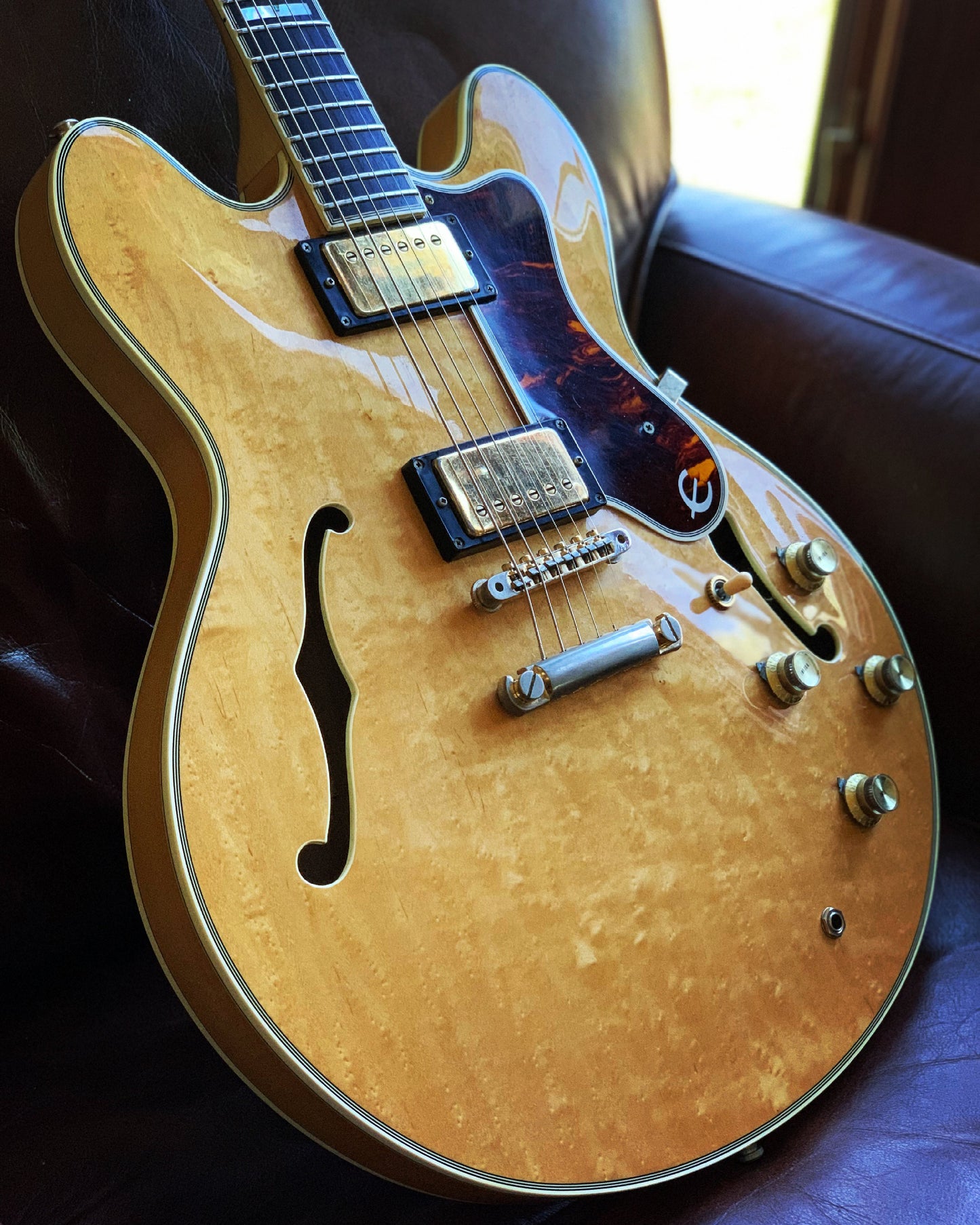 1985 Epiphone Japan Sheraton Matsumoku MIJ - Factory Gibson Case, Birdseye Maple, Natural Finish, Stop Tail, pre-elitist