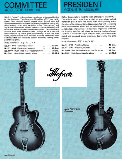 1967 Hofner President Florentine Model 66 Acoustic Archtop 5115-05 Brunette Sunburst