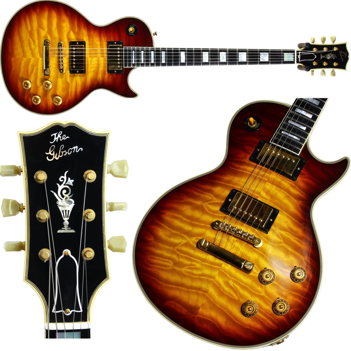 Gibson electric guitar with a close-up of the headstock on a white background