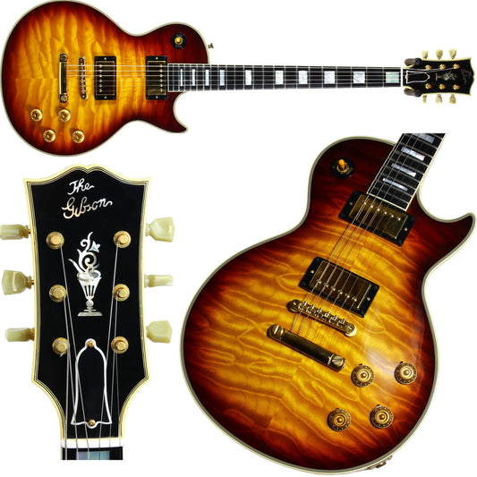 Gibson electric guitar with a close-up of the headstock on a white background