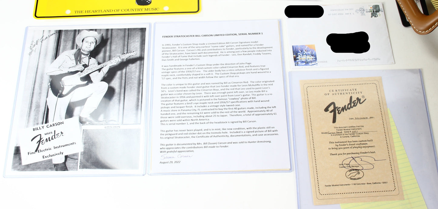 Fender guitar promotional material with a photo of a person playing guitar and text.
