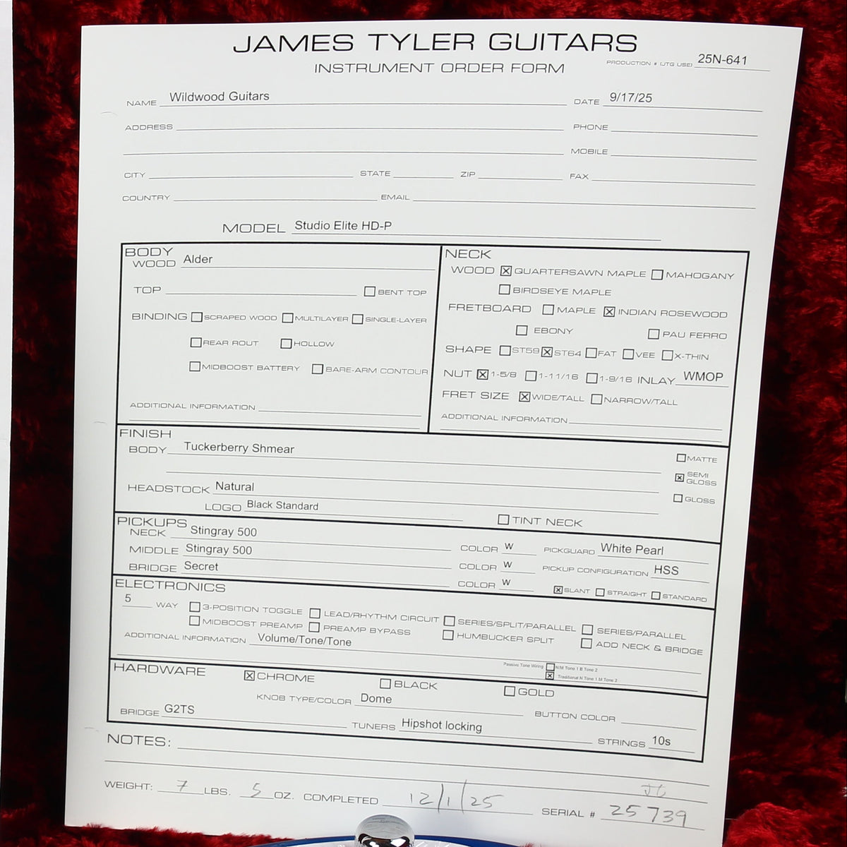 2025 James Tyler USA Studio Elite HD-P Tuckerberry Shmear Semi Gloss HSS Super Strat