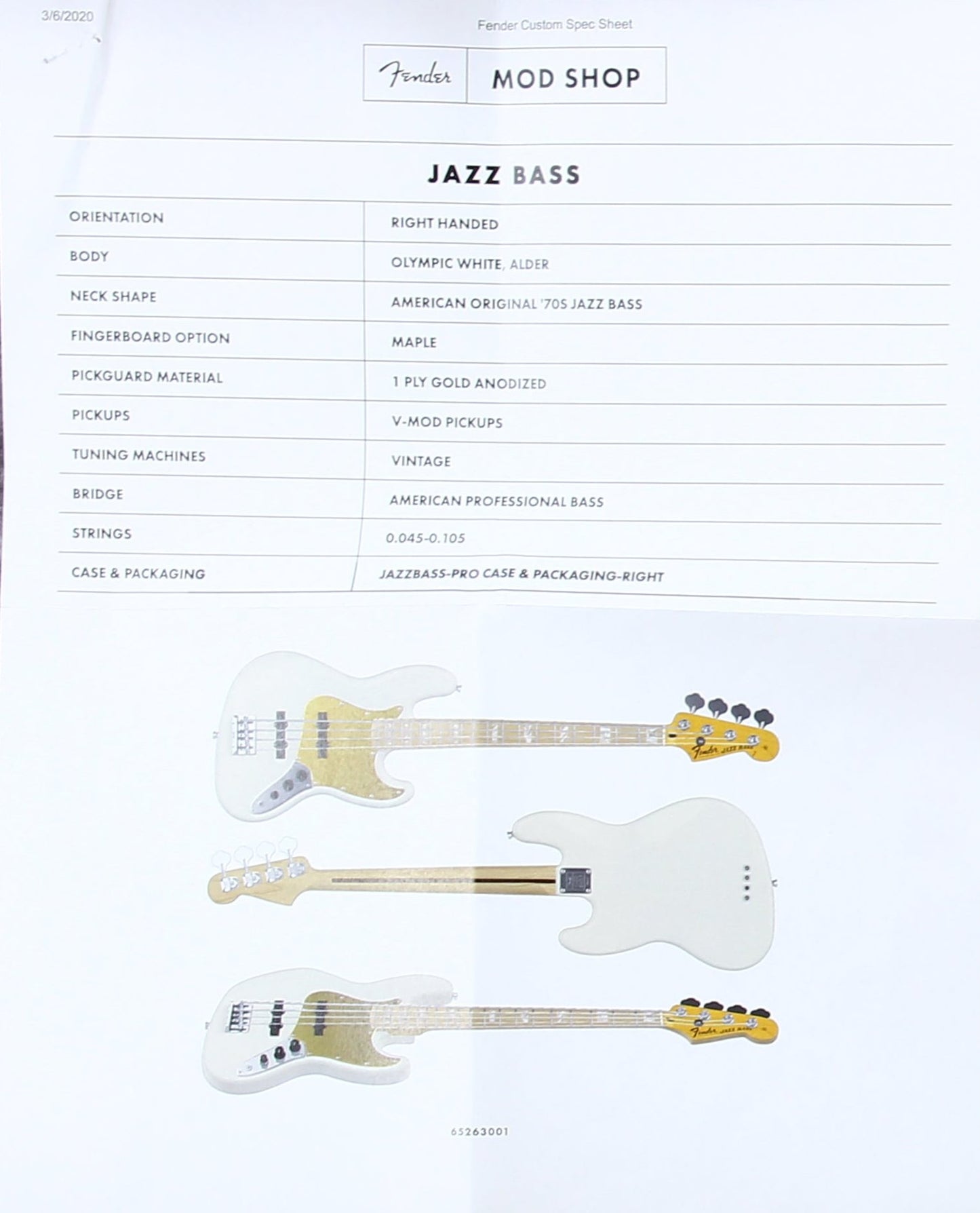 2019 Fender American Mod Shop Jazz Bass Olympic White | Original, '70s Block Inlays, Made in USA