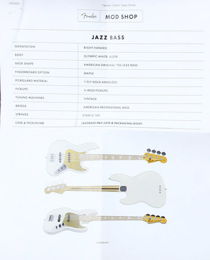 2019 Fender American Mod Shop Jazz Bass Olympic White | Original, '70s Block Inlays, Made in USA