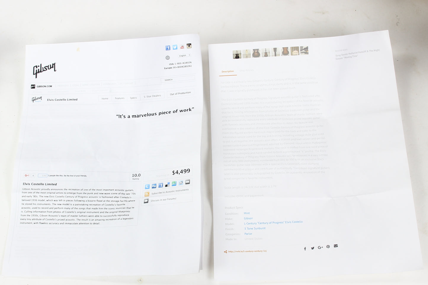 Gibson Custom Shop ELVIS COSTELLO L- Century of Progress 2007 Signed Label, Songwriter Series