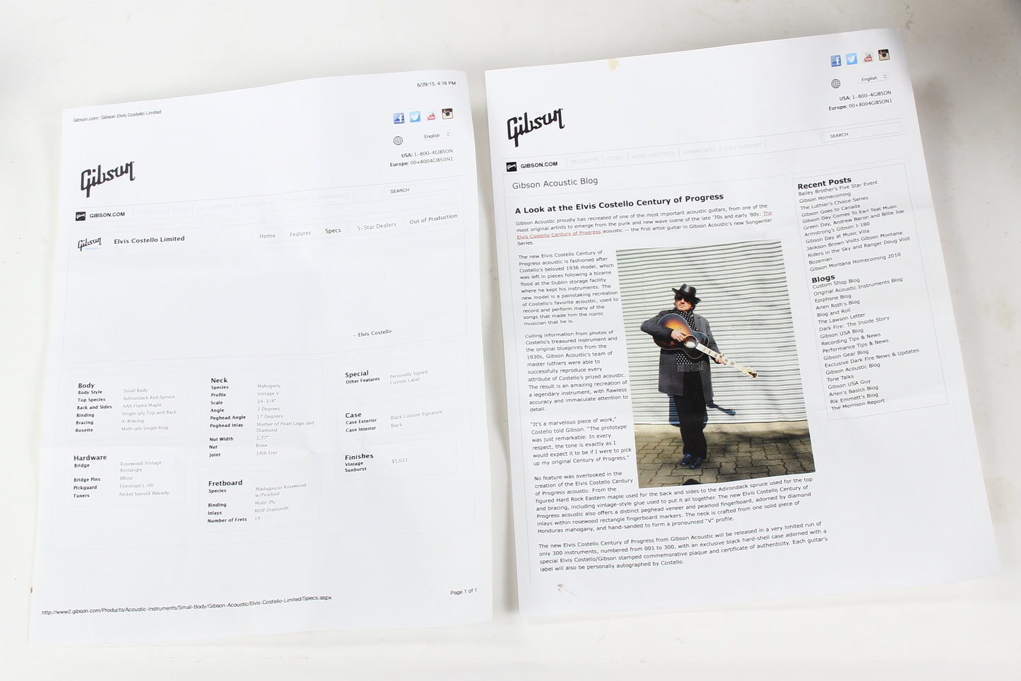 Gibson Custom Shop ELVIS COSTELLO L- Century of Progress 2007 Signed Label, Songwriter Series