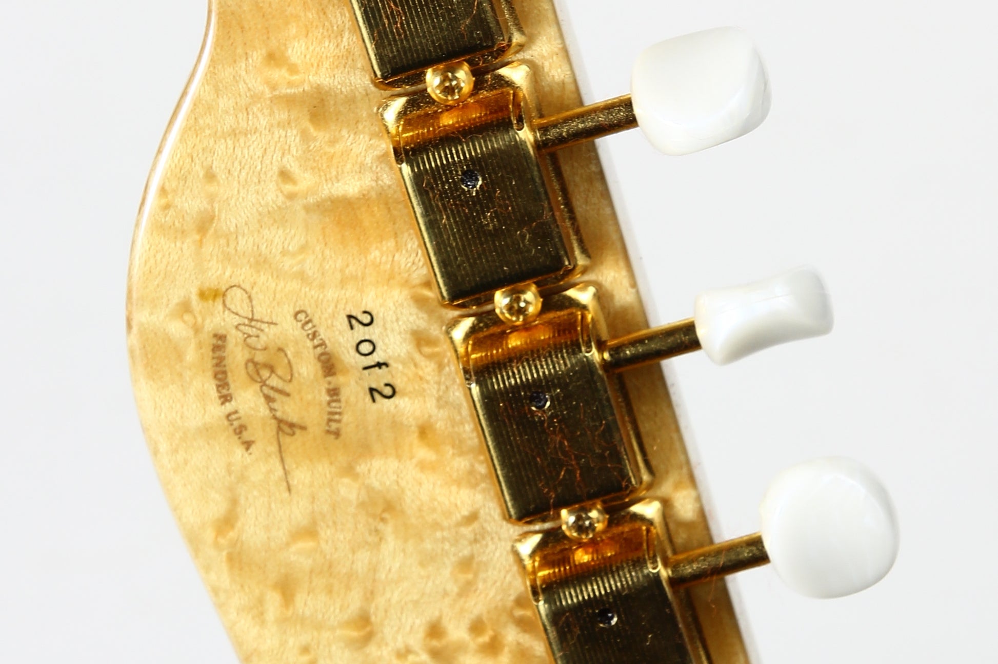Fender headstock showing Custom Built JW Black Fender U.S.A.