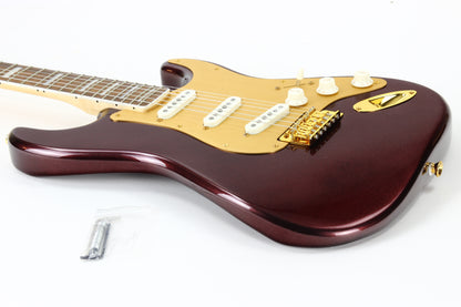 Squier 40th Anniversary Gold Edition Stratocaster Electric Guitar, Ruby Red Metallic, Block Inlays, Big Headstock!