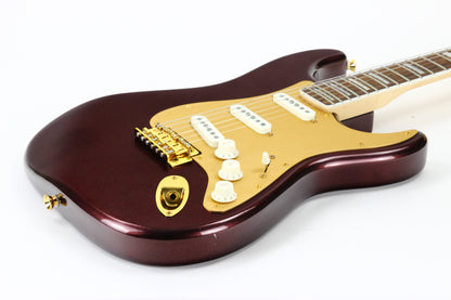 Squier 40th Anniversary Gold Edition Stratocaster Electric Guitar, Ruby Red Metallic, Block Inlays, Big Headstock!