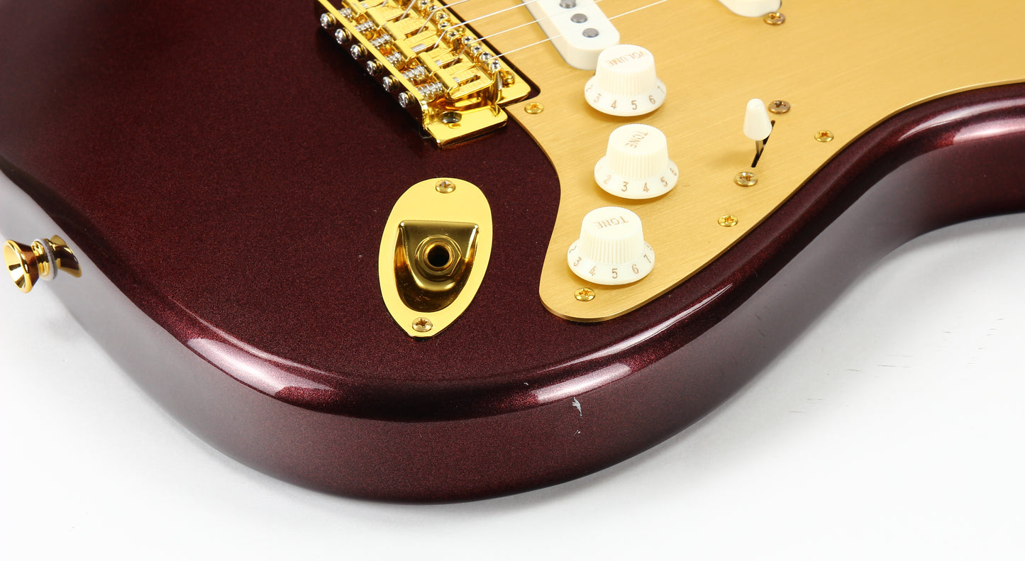 Squier 40th Anniversary Gold Edition Stratocaster Electric Guitar, Ruby Red Metallic, Block Inlays, Big Headstock!