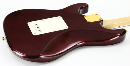 Squier 40th Anniversary Gold Edition Stratocaster Electric Guitar, Ruby Red Metallic, Block Inlays, Big Headstock!