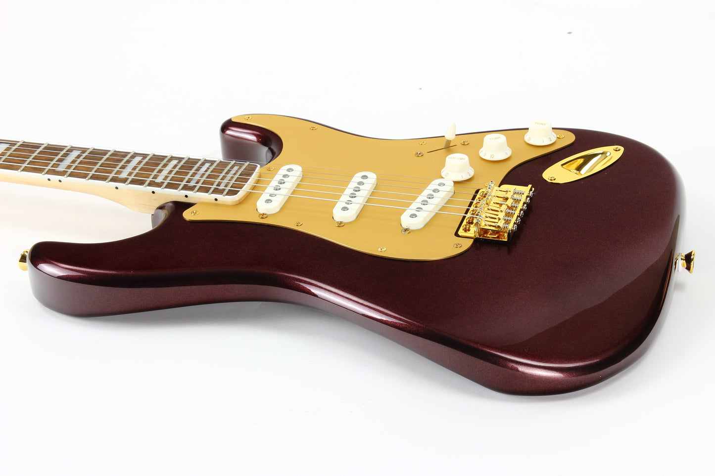 Squier 40th Anniversary Gold Edition Stratocaster Electric Guitar, Ruby Red Metallic, Block Inlays, Big Headstock!