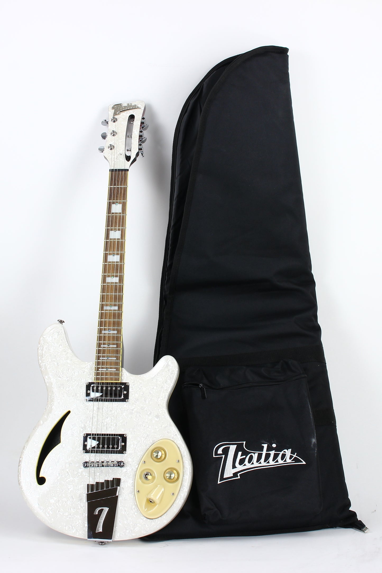 Italia Rimini 6-String White Pearloid, Semi Hollowbody Electric Guitar, Trev Wilkerson Design