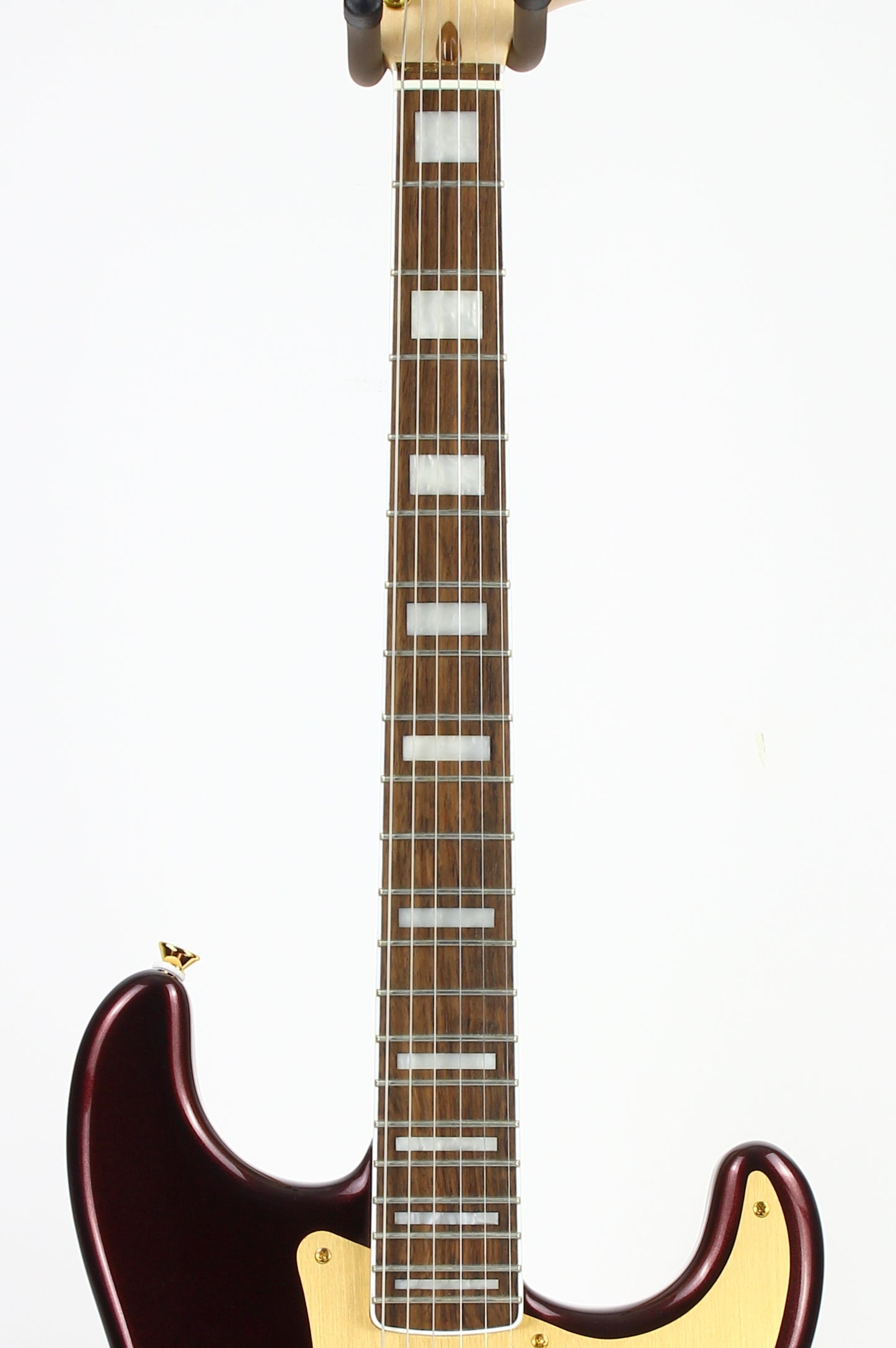 Squier 40th Anniversary Gold Edition Stratocaster Electric Guitar, Ruby Red Metallic, Block Inlays, Big Headstock!