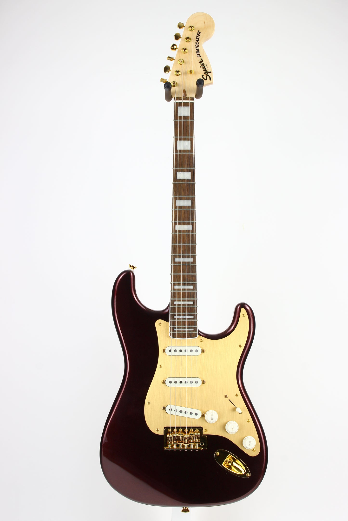 Squier 40th Anniversary Gold Edition Stratocaster Electric Guitar, Ruby Red Metallic, Block Inlays, Big Headstock!