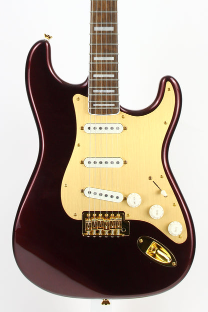 Squier 40th Anniversary Gold Edition Stratocaster Electric Guitar, Ruby Red Metallic, Block Inlays, Big Headstock!