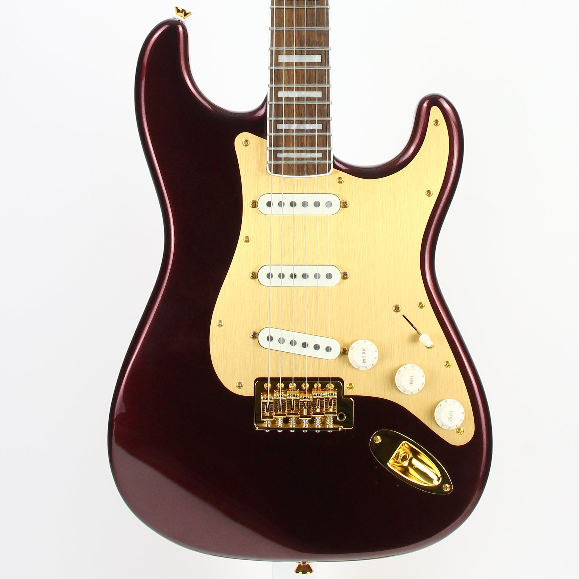 Squier 40th Anniversary Gold Edition Stratocaster Electric Guitar, Ruby Red Metallic, Block Inlays, Big Headstock!