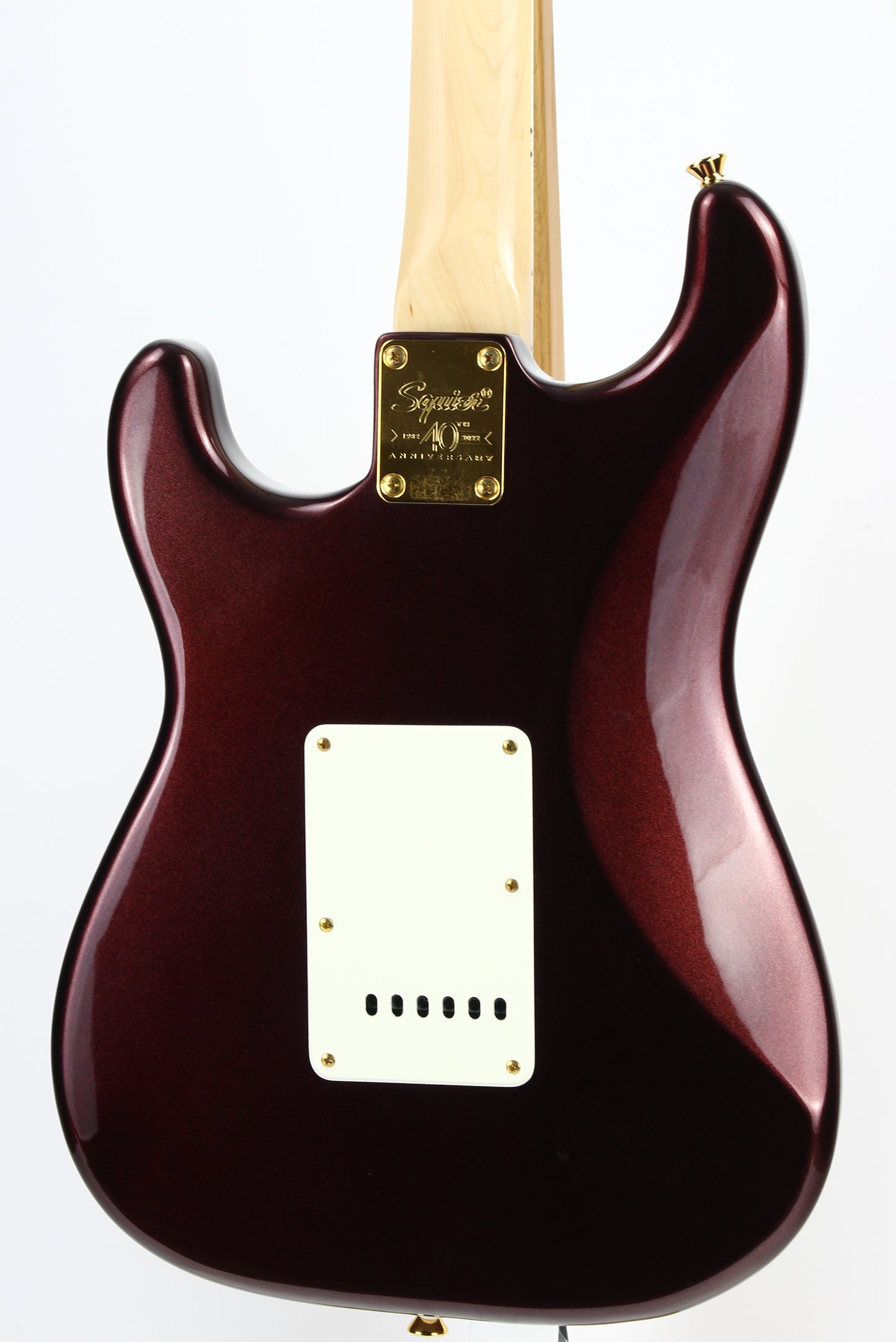 Squier 40th Anniversary Gold Edition Stratocaster Electric Guitar, Ruby Red Metallic, Block Inlays, Big Headstock!