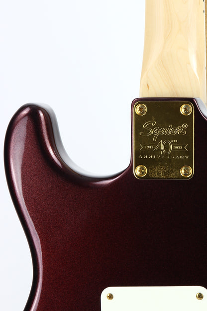 Squier 40th Anniversary Gold Edition Stratocaster Electric Guitar, Ruby Red Metallic, Block Inlays, Big Headstock!