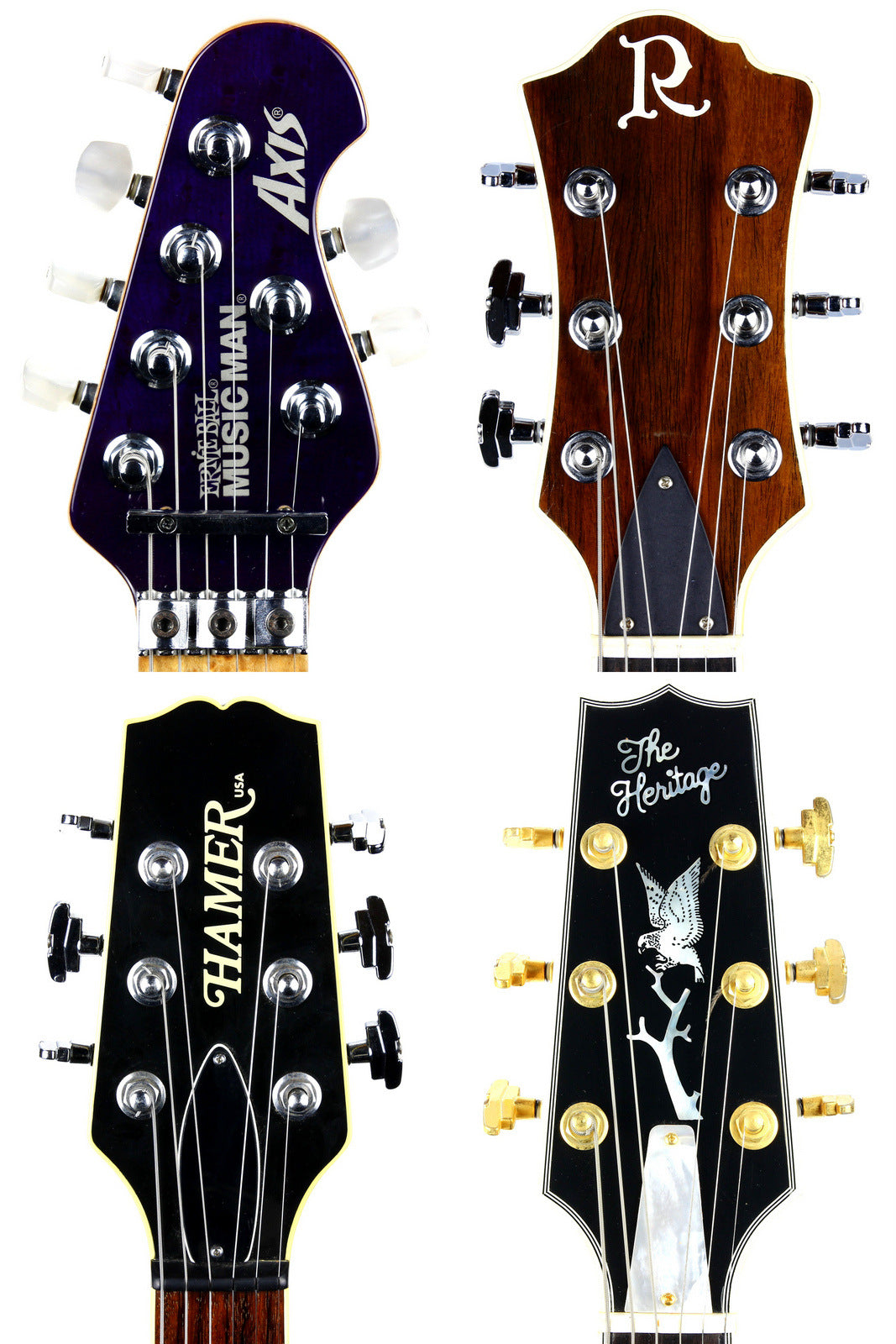 Ernie Ball Music Man BC Rich Hamer Heritage headstocks with brand logos