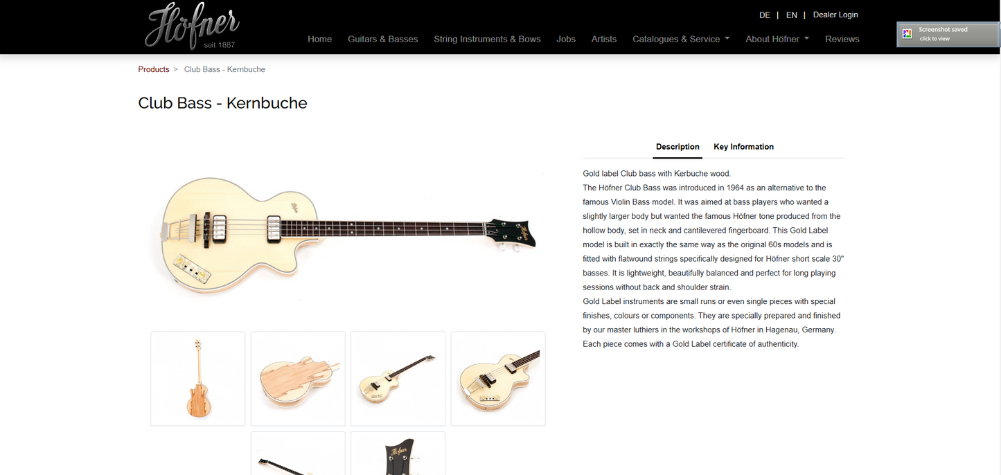 2016 Hofner Gold Label Club Bass Kernbuche | Featured on Hofner Website!