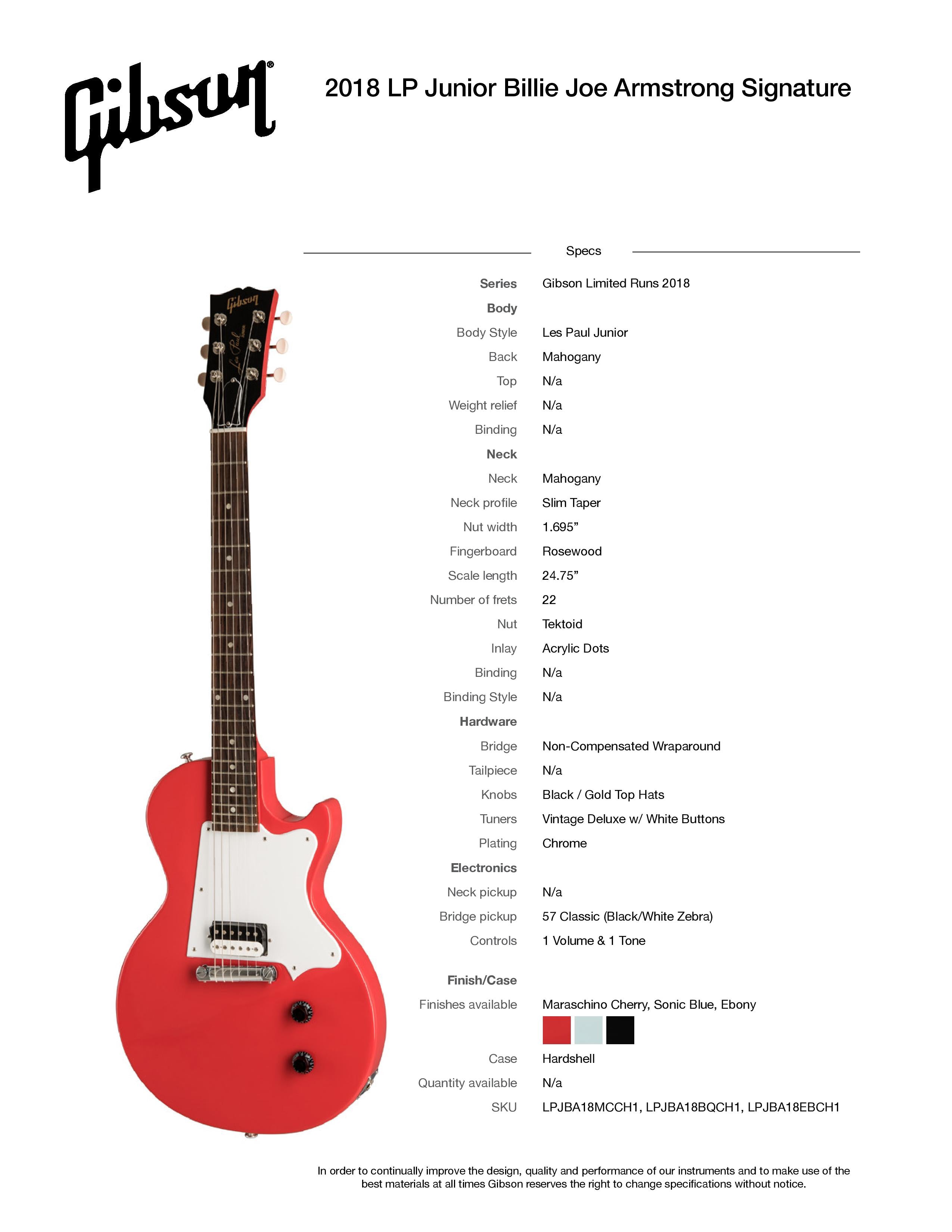 *SOLD*  MINT 2018 Gibson Limited Edition Les Paul Jr. Billie Joe Armstrong Junior - Maraschino Cherry