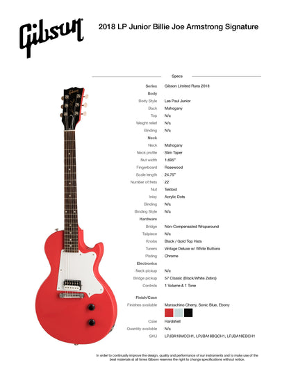 MINT 2018 Gibson Limited Edition Les Paul Jr. Billie Joe Armstrong Junior - Maraschino Cherry