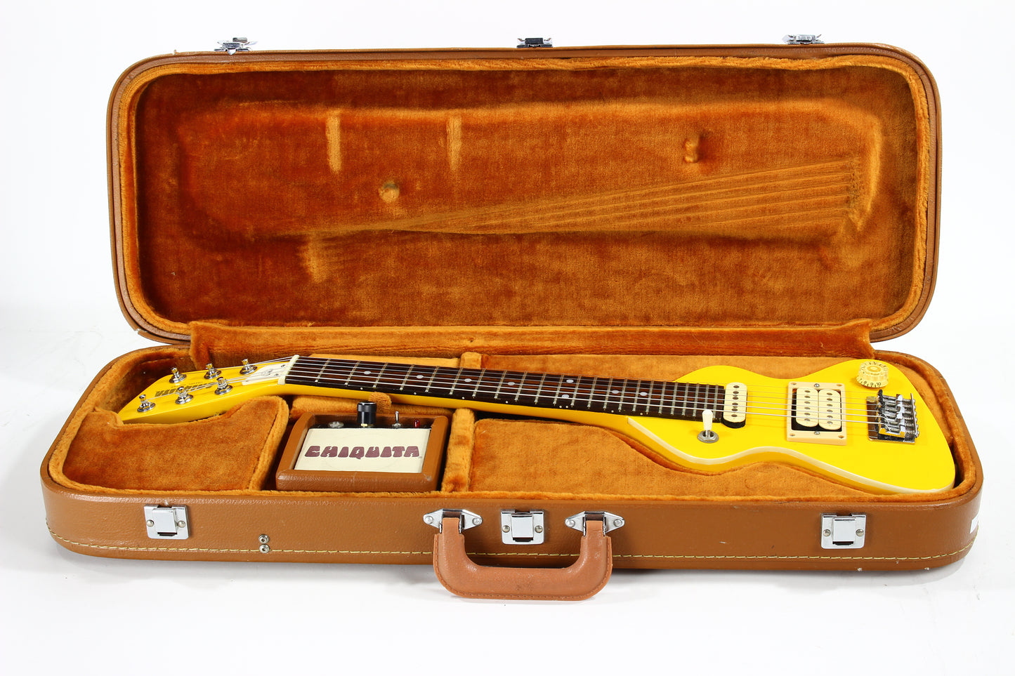 c. 1983 Hondo Dan Erlewine Chiquita Banana Yellow Travel Guitar w/ Amp -- Back to the Future Marty McFly, Billy Gibbons, ZZ Top!