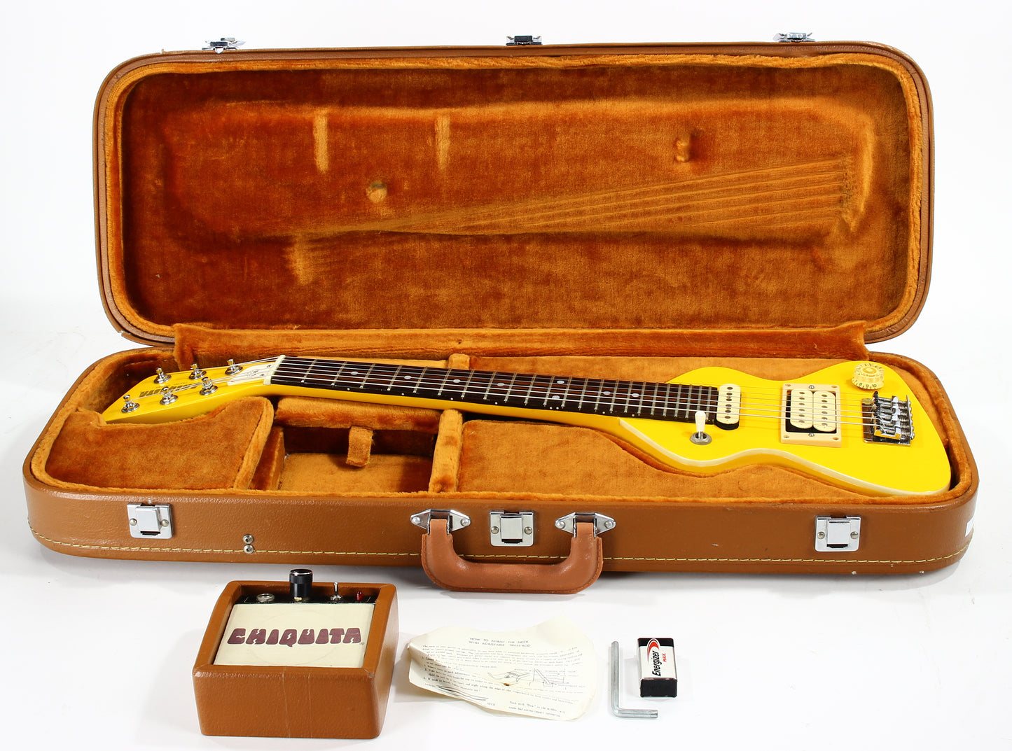 c. 1983 Hondo Dan Erlewine Chiquita Banana Yellow Travel Guitar w/ Amp -- Back to the Future Marty McFly, Billy Gibbons, ZZ Top!