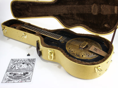 2022 Mule Resophonics Resonator Electric Guitar -- Brass Body, Flamed Neck, Aged Black Finish, Pickup, Knob