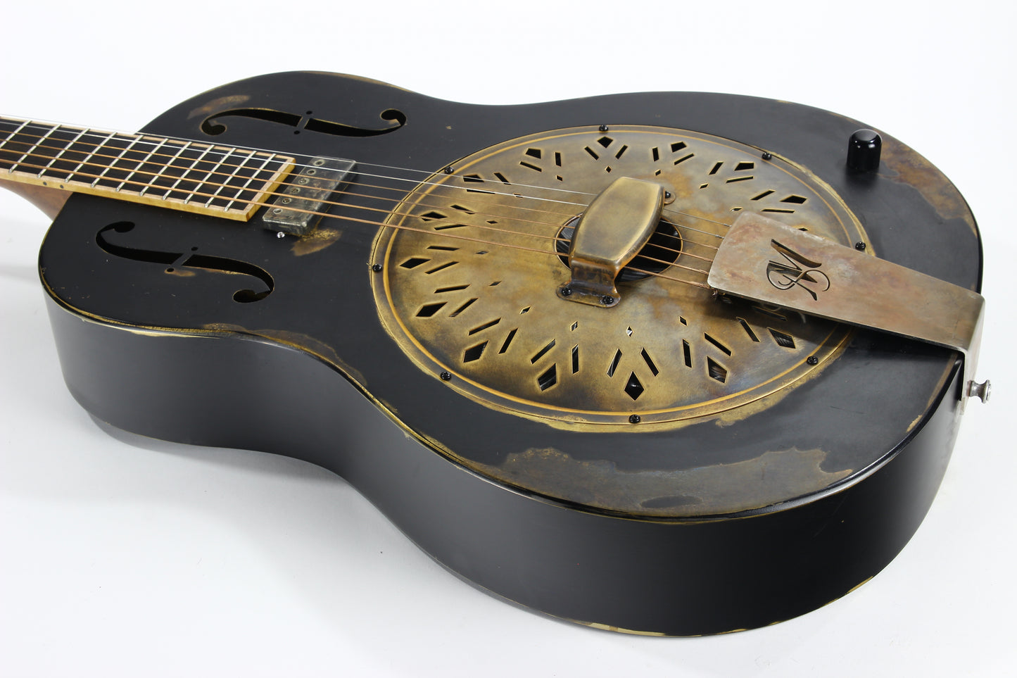 2022 Mule Resophonics Resonator Electric Guitar -- Brass Body, Flamed Neck, Aged Black Finish, Pickup, Knob