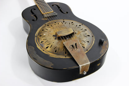 2022 Mule Resophonics Resonator Electric Guitar -- Brass Body, Flamed Neck, Aged Black Finish, Pickup, Knob