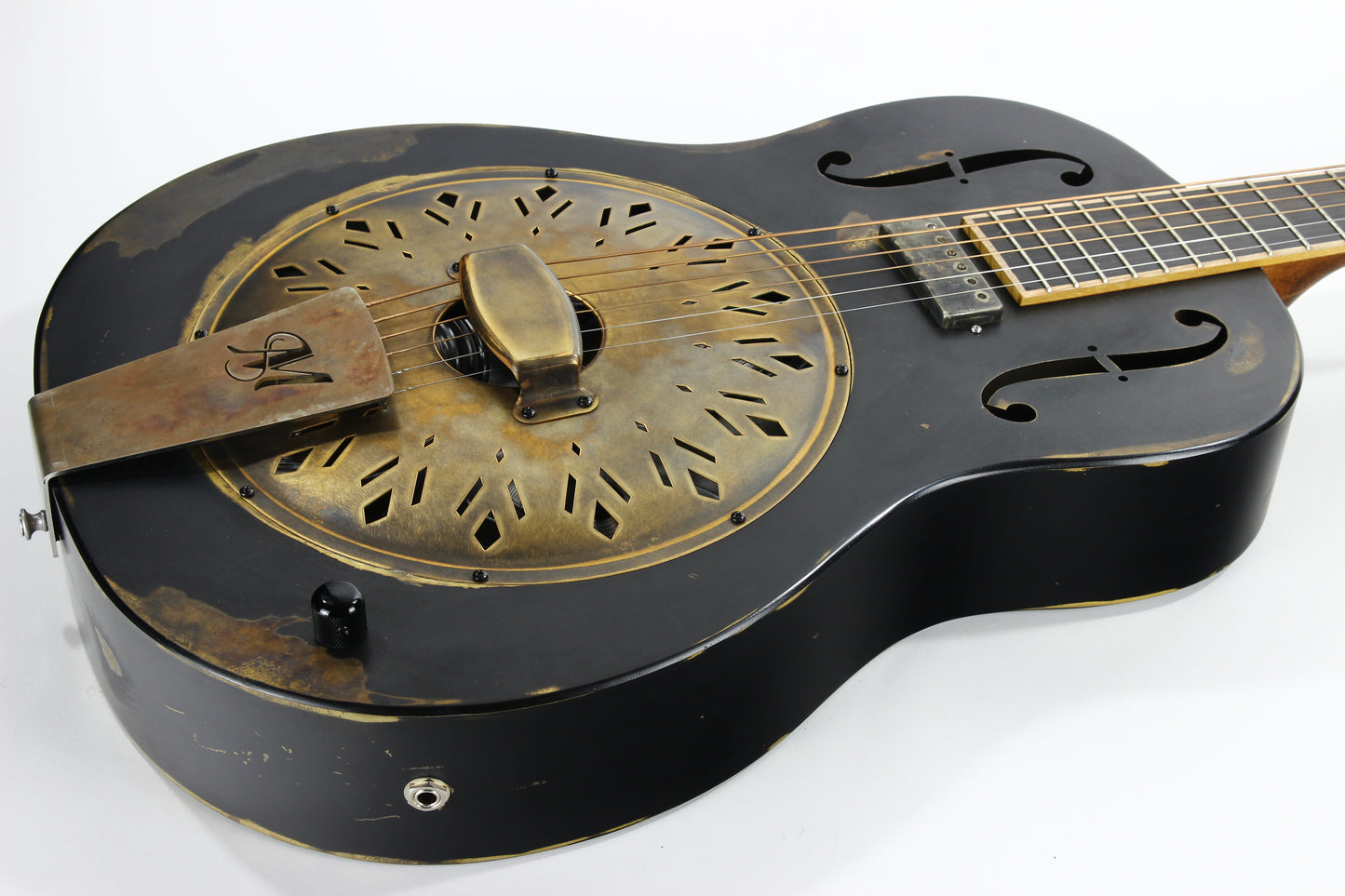 2022 Mule Resophonics Resonator Electric Guitar -- Brass Body, Flamed Neck, Aged Black Finish, Pickup, Knob