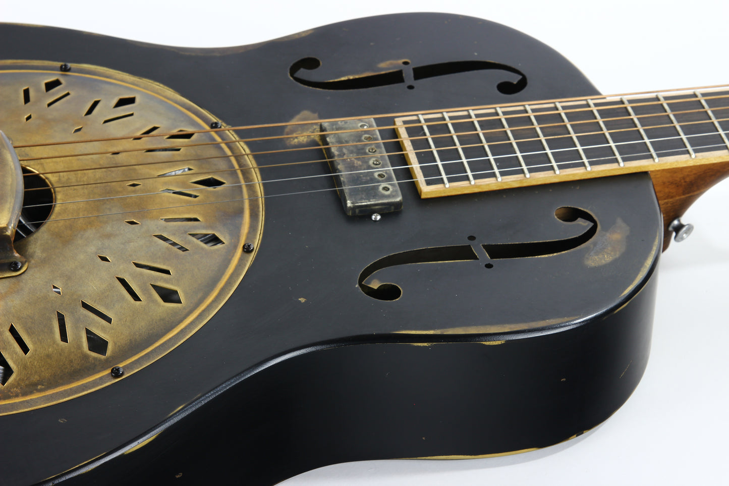 2022 Mule Resophonics Resonator Electric Guitar -- Brass Body, Flamed Neck, Aged Black Finish, Pickup, Knob