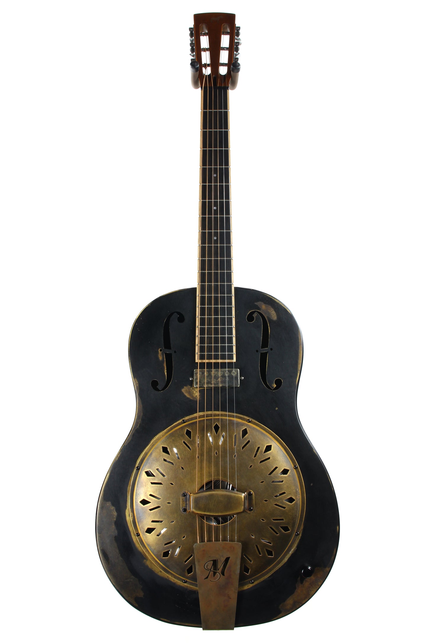 2022 Mule Resophonics Resonator Electric Guitar -- Brass Body, Flamed Neck, Aged Black Finish, Pickup, Knob