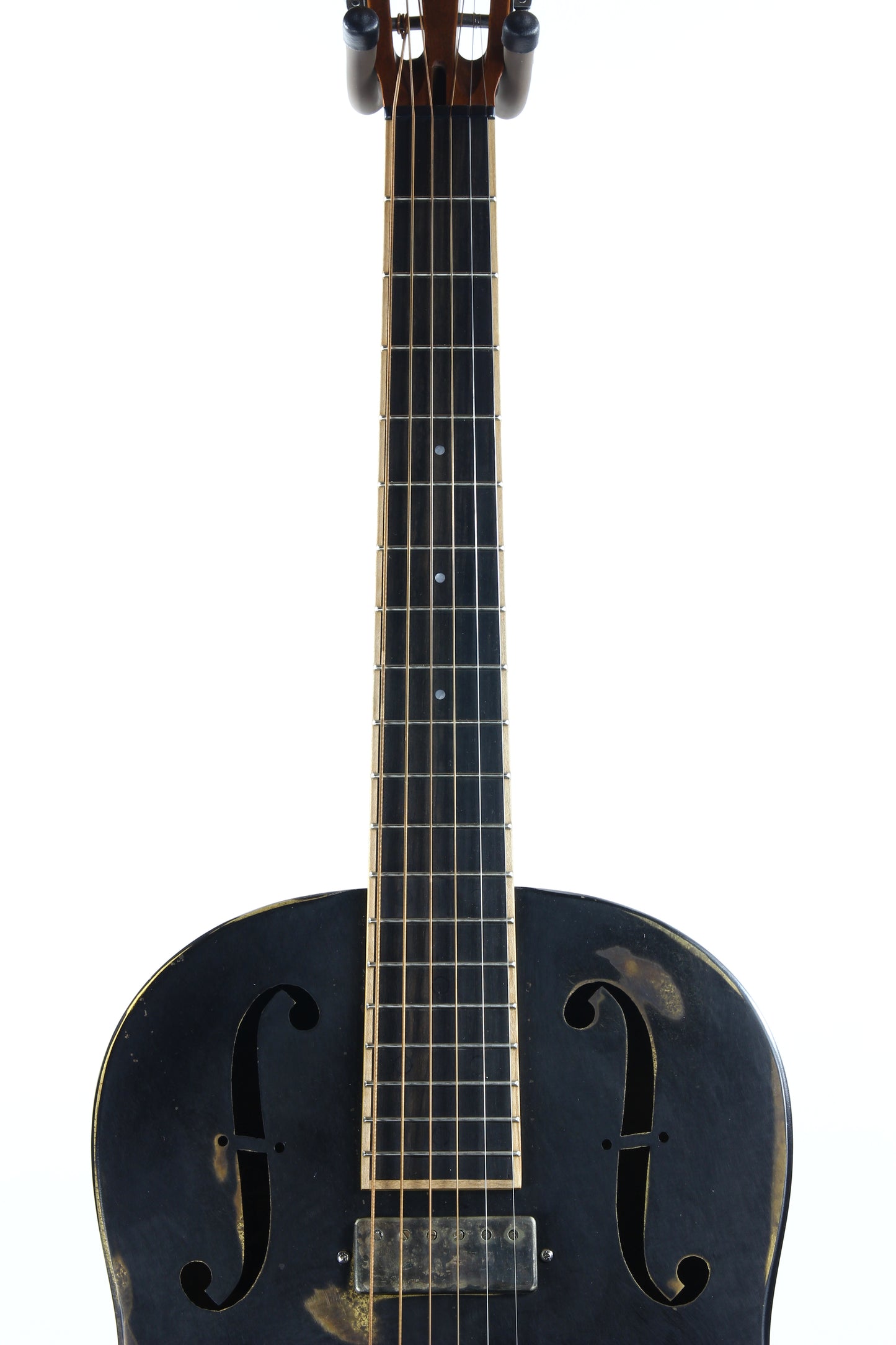 2022 Mule Resophonics Resonator Electric Guitar -- Brass Body, Flamed Neck, Aged Black Finish, Pickup, Knob