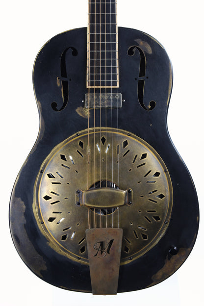 2022 Mule Resophonics Resonator Electric Guitar -- Brass Body, Flamed Neck, Aged Black Finish, Pickup, Knob