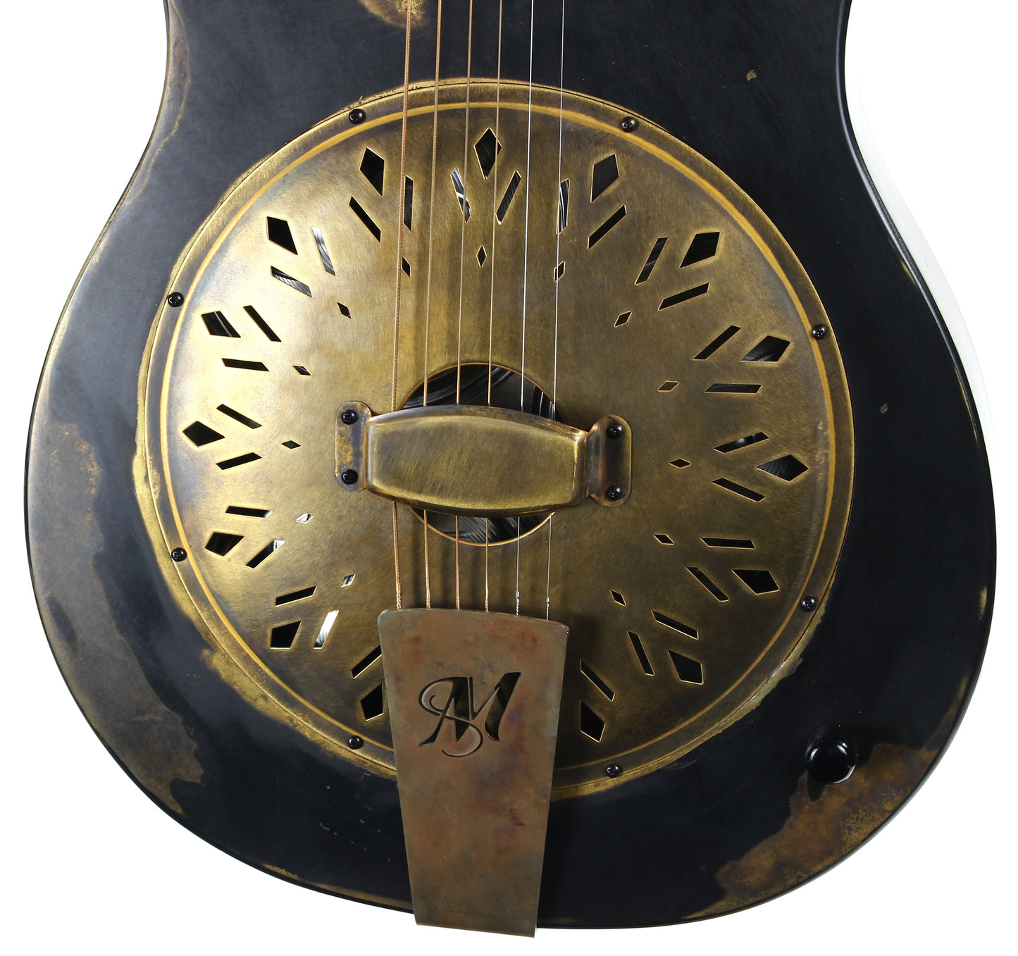 2022 Mule Resophonics Resonator Electric Guitar -- Brass Body, Flamed Neck, Aged Black Finish, Pickup, Knob