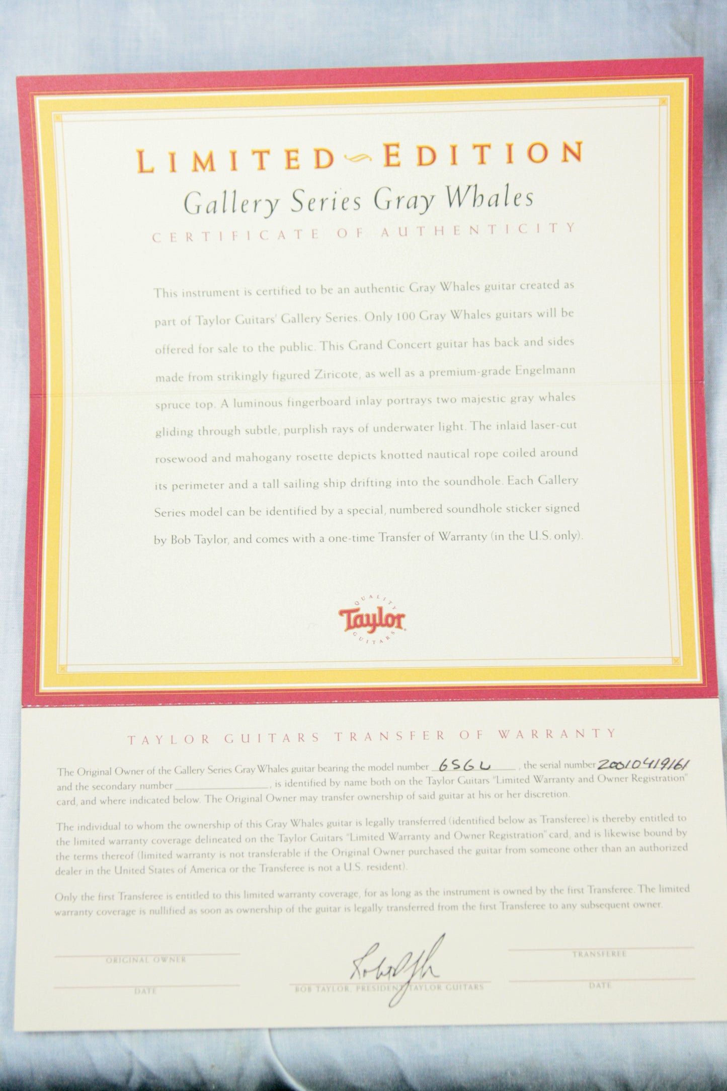 MINT 2001 Taylor Gray Whales GSGW Gallery Series! Exotic Ziricote! Grand Concert