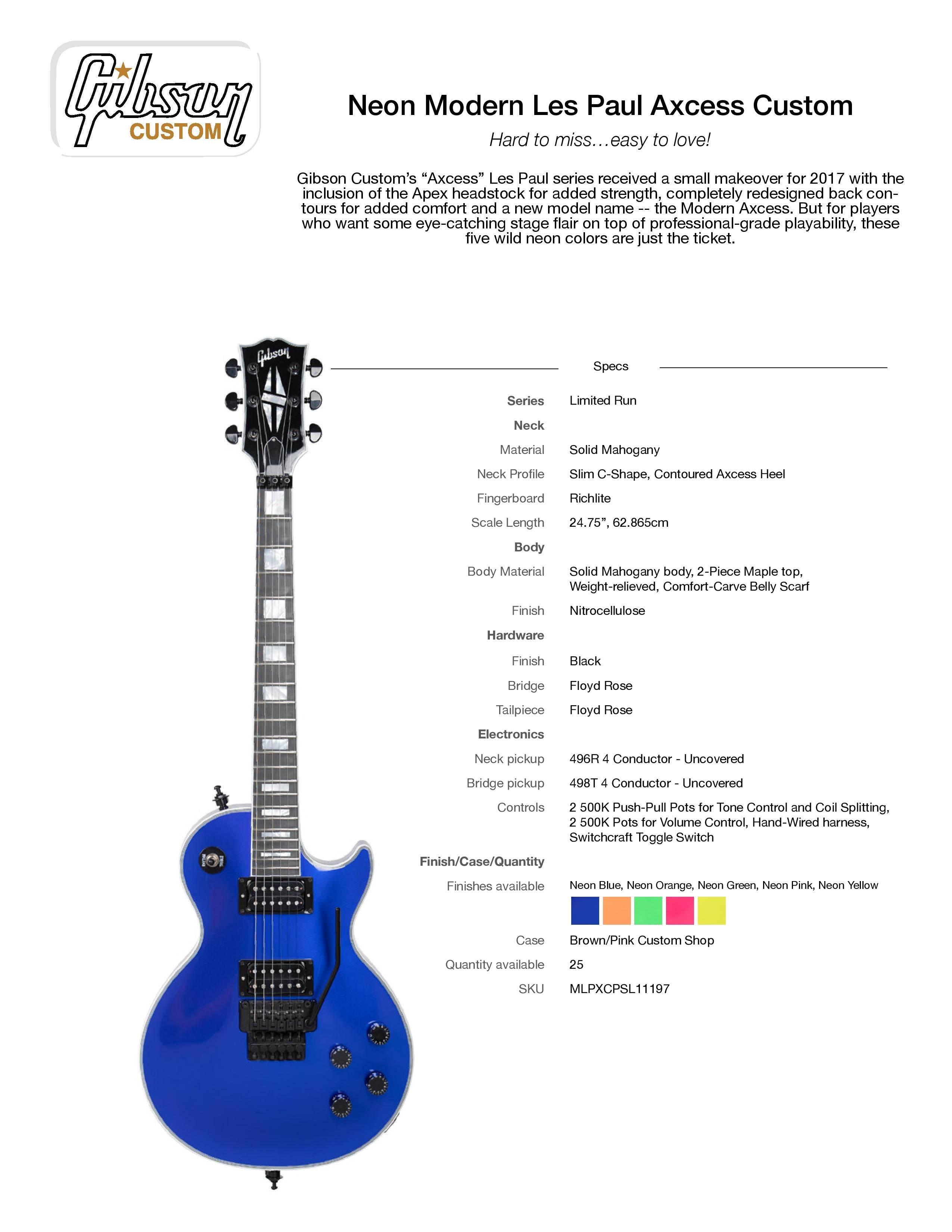 *SOLD*  MINT 2017 Gibson Custom Shop Les Paul Modern Axcess Neon Blue Black Floyd Rose